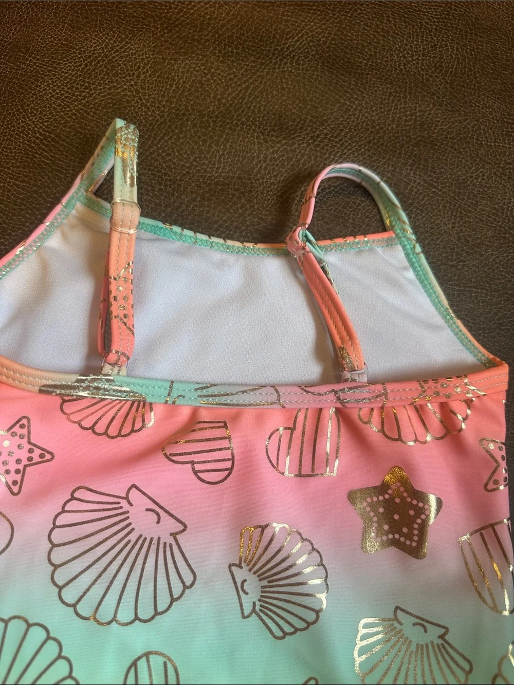 btween Coral Pink to Aqua Gradient One-Piece Swimsuit with Gold Shell Accents